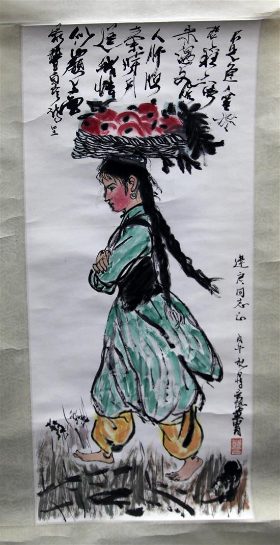 Huang Zhou, 20th century. A painting of a woman balancing a basket of fruit upon her head, the image 76cm x 33cm